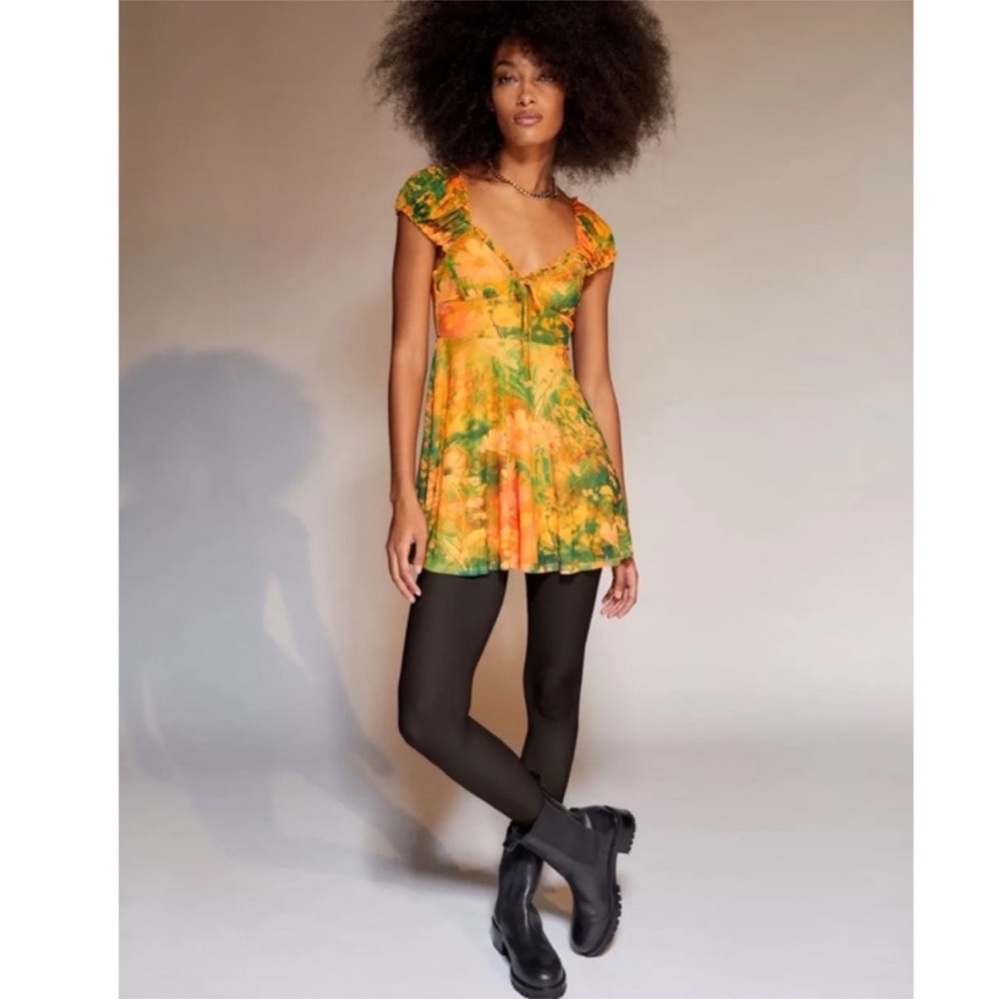Urban Outfitters Audrey Mesh Mini Dress New Small Orange Green Puff Sleeve Cute - Picture 3 of 8